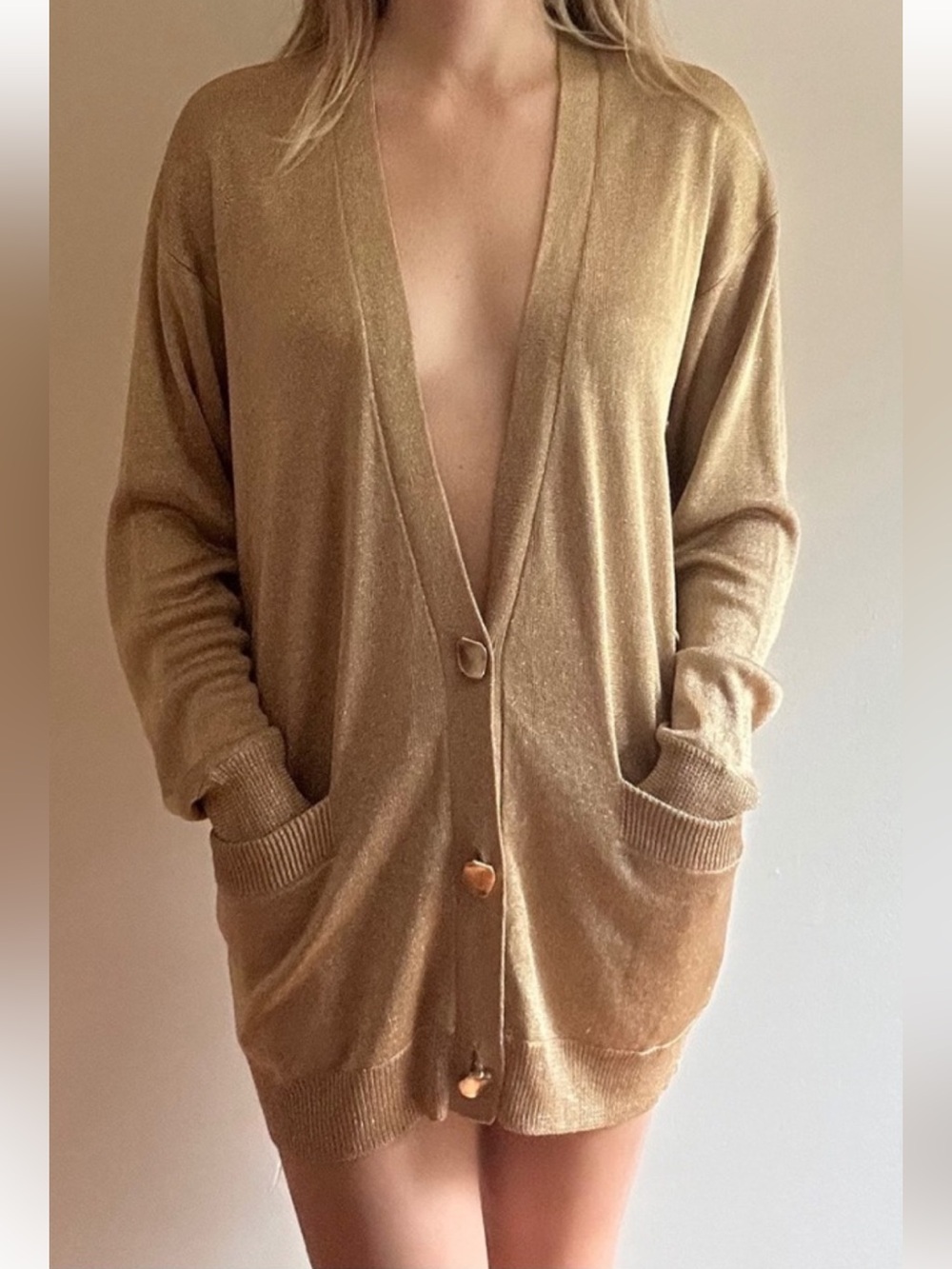 Donna Karan Longline V-Neck Cardigan Gold